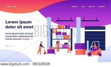 Logistic Workers Carrying Boxes With Loaders In Warehouse. Couriers Wheeling Carts With Cargo, Ridin