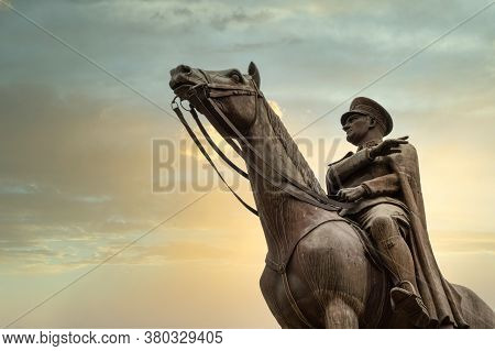 Bursa, Turkey - August 11, 2020: Bronze Memorial Statue Of Mustafa Kemal Ataturk On His Horse, The F