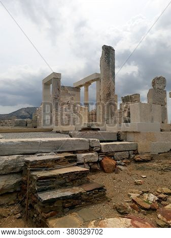 Ruin Of Demeter Temple In Naxos With Cloudy Sky, Greece