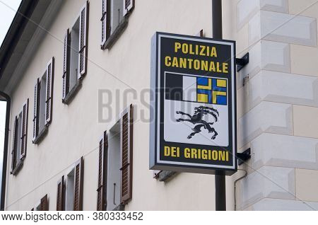 Mesocco, Graubünden, Switzerland - 16th July 2020 : View Of The Police Logo Sign Of The Canton Graub