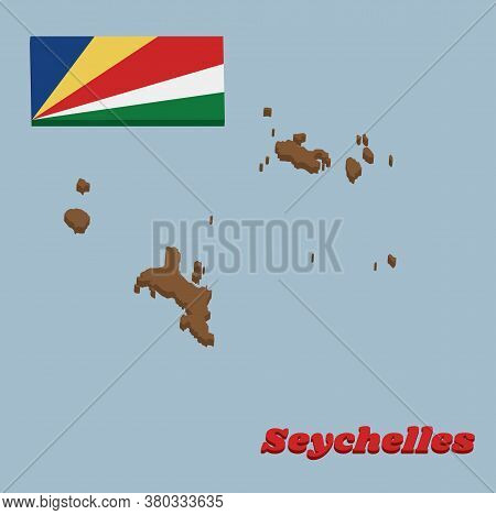 3d Map Outline And Flag Of Seychelles, Five Oblique Bands Of Blue Yellow Red White And Green Radiati