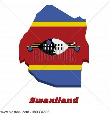 3d Map Outline And Flag Of Swaziland, Blue Yellow And Red With The Large Black And White Nguni Shiel