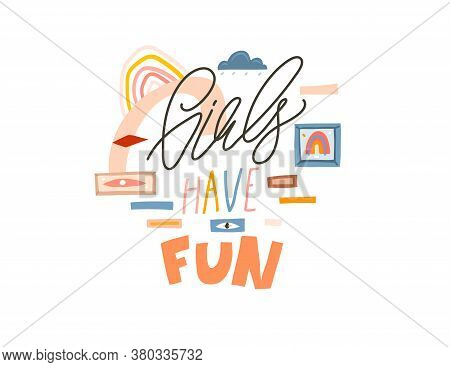 Hand Drawn Vector Abstract Stock Graphic Illustration With Young Happy Positive Lifestyle Girls Have