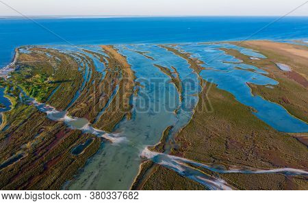 Aerial View Of Autumn Steppe On The Island At Sunset, Aerial View Of Dzharylgach Island In Autumn, A