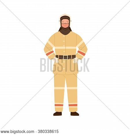 Firefighter, Fireman, Rescuer Man In Fireproof Protective Suit, Clothes, Uniform And Helmet. Emergen
