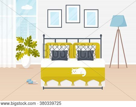 Bedroom Interior. Vector Banner. Design Of A Trendy Cozy Room With Double Bed, Floor Lamp, Window, W