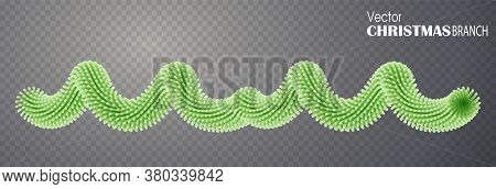 Stylized Wide Fir Tree Christmas Garland. Seamless Xmas Ribbon Border With Tinsel. Curved Green New 