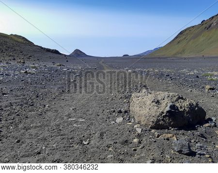 Black Volcanic Landscape In Katla Nature Reserve On Laugavegur Hiking Trail In Iceland.