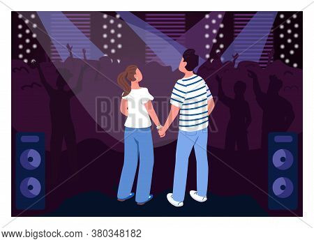 Teenage Couple In Club Flat Color Vector Illustration. Party In Concert Hall. Weekend Fun Entertainm