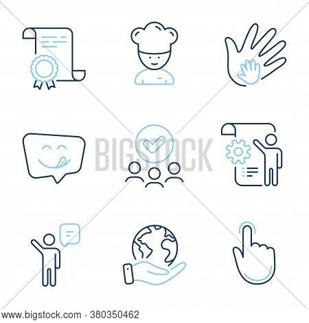 Cooking Chef, Hand Click And Yummy Smile Line Icons Set. Diploma Certificate, Save Planet, Group Of 