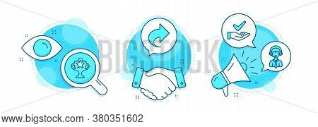 Dermatologically Tested, Victory And Shipping Support Line Icons Set. Handshake Deal, Research And P
