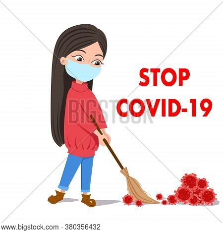 The Girl Removes The Virus With A Broom In A Medical Mask. A Brunette In A Red Sweater. Stop Covid-1