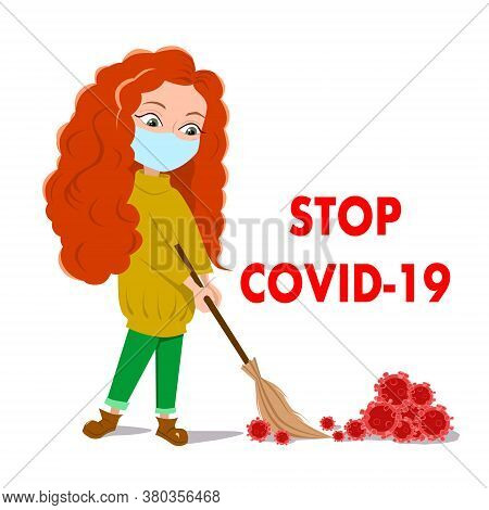 The Girl Removes The Virus With A Broom In A Medical Mask. Red-haired Woman In A Yellow Sweater. Sto