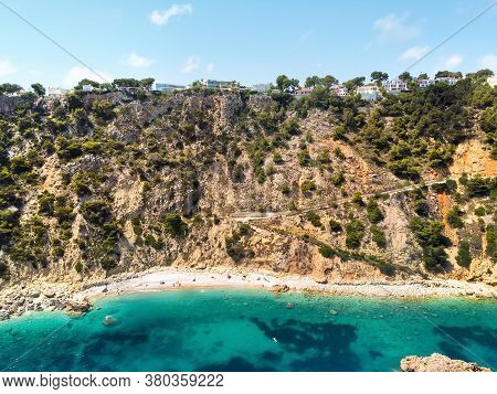 Aerial Drone Point Of View Picturesque Turquoise Bay Green Water Lagoon Of Mediterranean Sea Rocky C