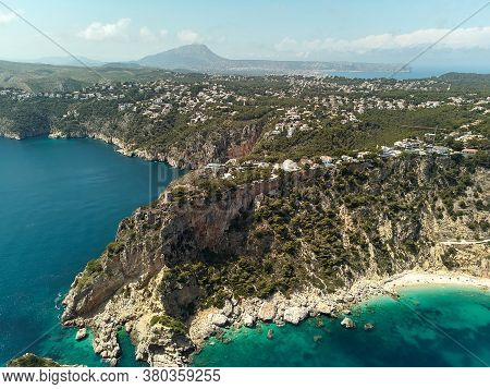 Aerial Drone Point Of View Picturesque Turquoise Bay Green Water Lagoon Of Mediterranean Sea Rocky C