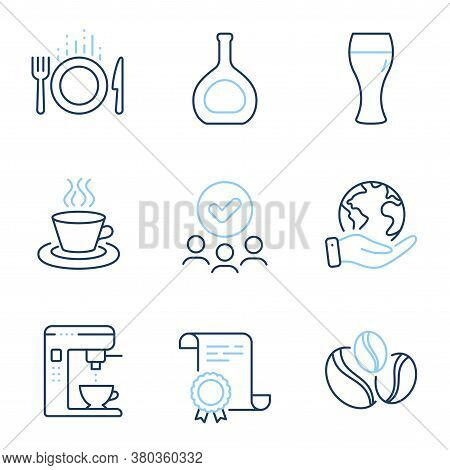 Coffee-berry Beans, Tea Cup And Beer Glass Line Icons Set. Diploma Certificate, Save Planet, Group O