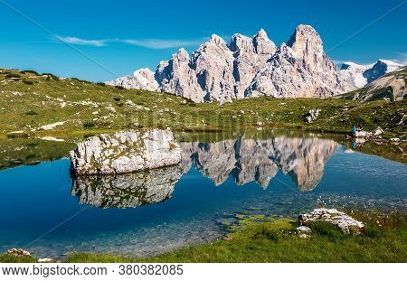 Beautiful Mountain Scenery In Dolomites Mountains By Tre Cime Di Lavaredo National Park. Fantastic L