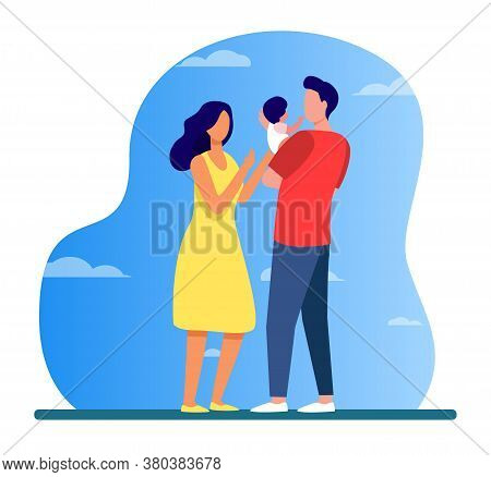New Parents Taking Care About Baby Together. Dad Holding Kid, Mom Reaching Hands To Child Flat Vecto
