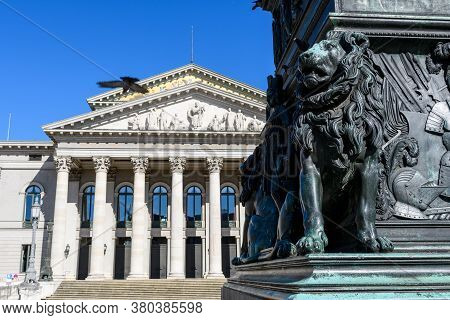 Head Of The Bavarian Lion At The Max Joseph Monument In Munich, Heraldic Animal And Symbol Of Bavari