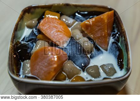 Traditional Taiwanese Iced Dessert With Grass Jelly, Taro Balls, Tofu Pudding, Sweet Potato Balls An