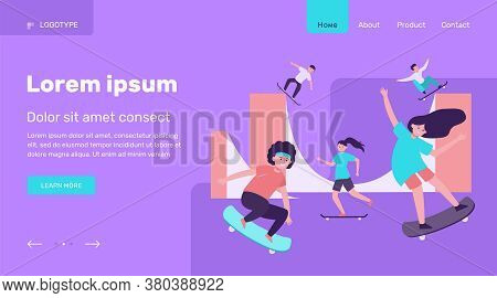 Fun Extreme Skateboard Park Flat Vector Illustration. Cartoon Teenagers Jumping And Doing Tricks Wit