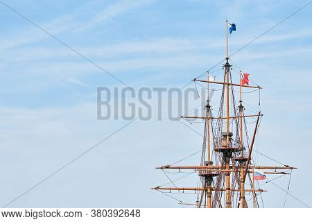 Sailing Mast Of Ship, Copy Space. Sailing Vessel Main Topgallant Mast With Crows Nest. Old Frigate W
