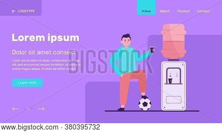 Football Player Drinking Water At Cooler. Male Athlete, Soccer, Sportsman Flat Vector Illustration. 