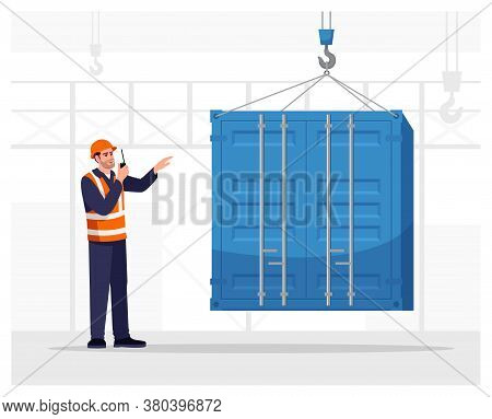 Dock Worker Semi Flat Vector Illustration. Loading Freight Container. Cargo Shipping Service. Port M