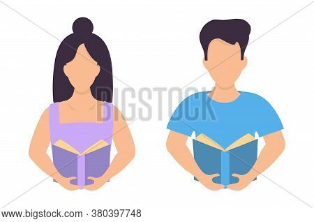Vector Isolated Illustration Reading A Book Portrait Waist-deep. Illustration With A Woman And A Man