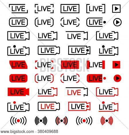 Live Broadcating Icon. Set Of Live Streaming Icons. Black And Red Symbols For Streaming, Record, Onl