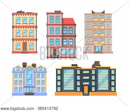 Living Buildings Flat Style. Urban Houses With 3 Or 9 Floor Home Apartments Nice Modern Urban Exteri