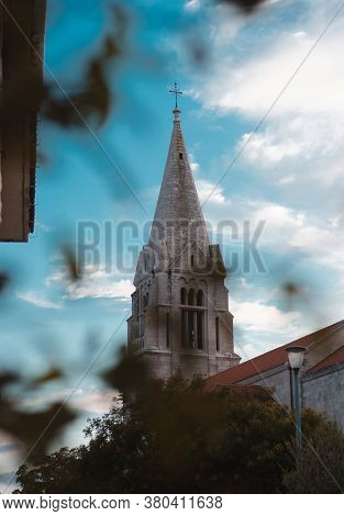 Beautiful Top Of The Belltower Of An Old Church In The Village Of Selca , On The Island Of Brac In C