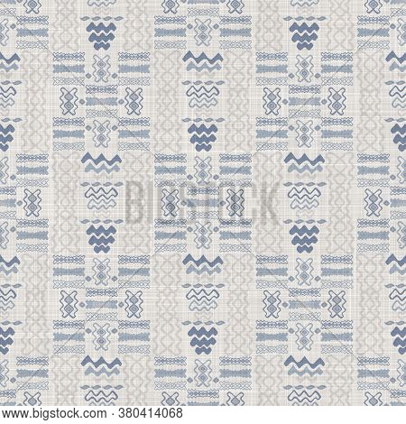 Seamless French Farmhouse Linen Summer Block Print Background. Provence Blue Gray Linen Rustic Patte