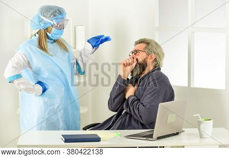 Diagnosis Of Pneumonia. Sars Concept. Coronavirus Symptoms. Doctor Protective Equipment Examines Mal