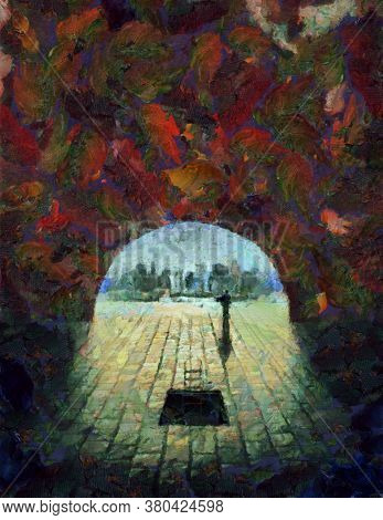 Man in dark tunnel goes to the daylight. 3D rendering