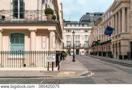 London - 08 August 2020 - View Of Traditional British Street And Architecture In Suffolk Place In Ce