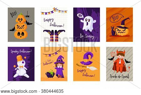 Halloween Cartoon Greeting Card Or Nursery Poster Set - Pumpkin Lantern, Kids In Carnival Costumes, 