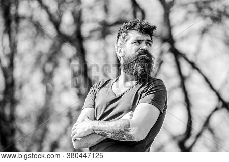 Man Attractive Bearded Hipster Posing Outdoors. Confident Posture Of Handsome Man. Guy Masculine App