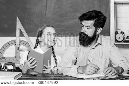 Lesson Is Finished. Discipline Upbringing. Man Bearded Pedagogue Study Together With Kid. Study Is F