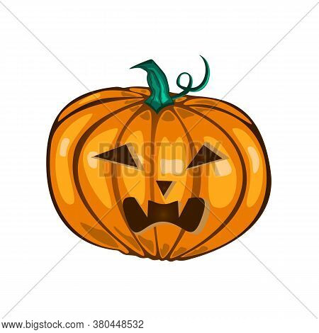 Vector Illustration Of Cartoon Halloween Pumpkin With Evil Face. Isolated On White Backgroound