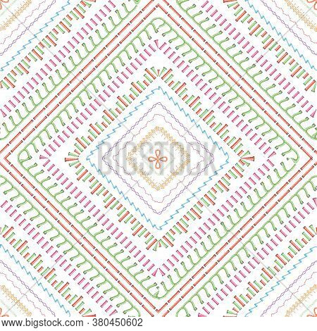 Sewing Stitches Seamless Pattern Or Thread Embroidery Texture Vector Illustration.