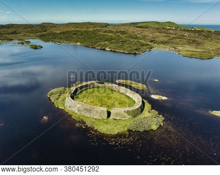 An Aerial View Of Doon Ring Fort On An Island In Doon Lake On The West Coast Of Donegal Ireland