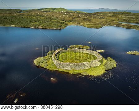 An Aerial View Of Doon Ring Fort On An Island In Doon Lake On The West Cost Of Donegal Ireland