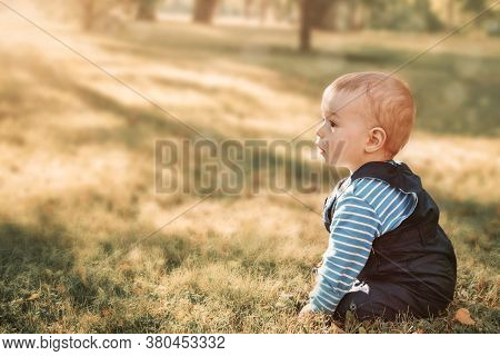 Little Nine Month Old Baby Sitting In The Park