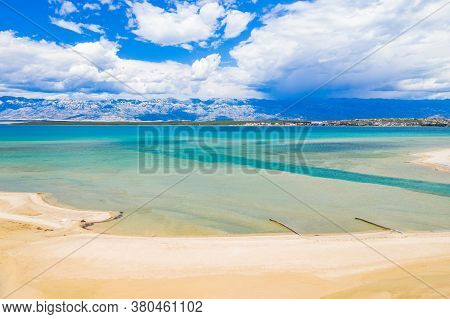 Aerial View Of Blue Sea Lagoon Near Town Of Nin In Dalmatia, Croatia. Adriatic Coastline And Velebit