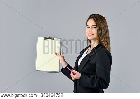 Woman In Suit Hold Folder Documents Copy Space, Hospitable Administrative Worker Concept