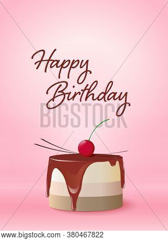 Greeting Card For Birthday With A Mini Cake With Icing And A Cherry.