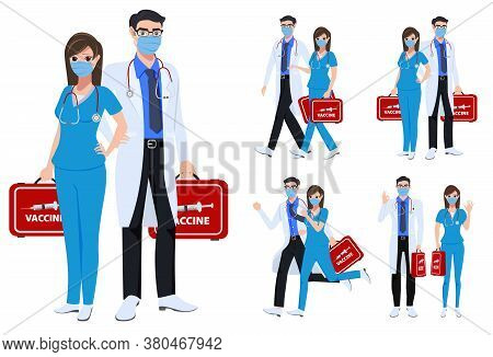 Medical Staff Character Set Vector Concept Design. Covid-19 Front Liners Doctor And Nurse Characters