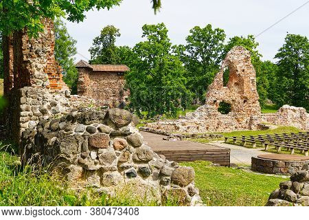 Ruins Of Medieval Castle In Viljandi, Estonia In Summer Sunny Day.