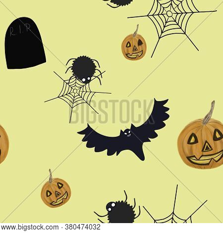 Halloween Seamless Pattern On Yellow Background. Halloween Symbols And Icon. Hand Drawing. Print, Pa